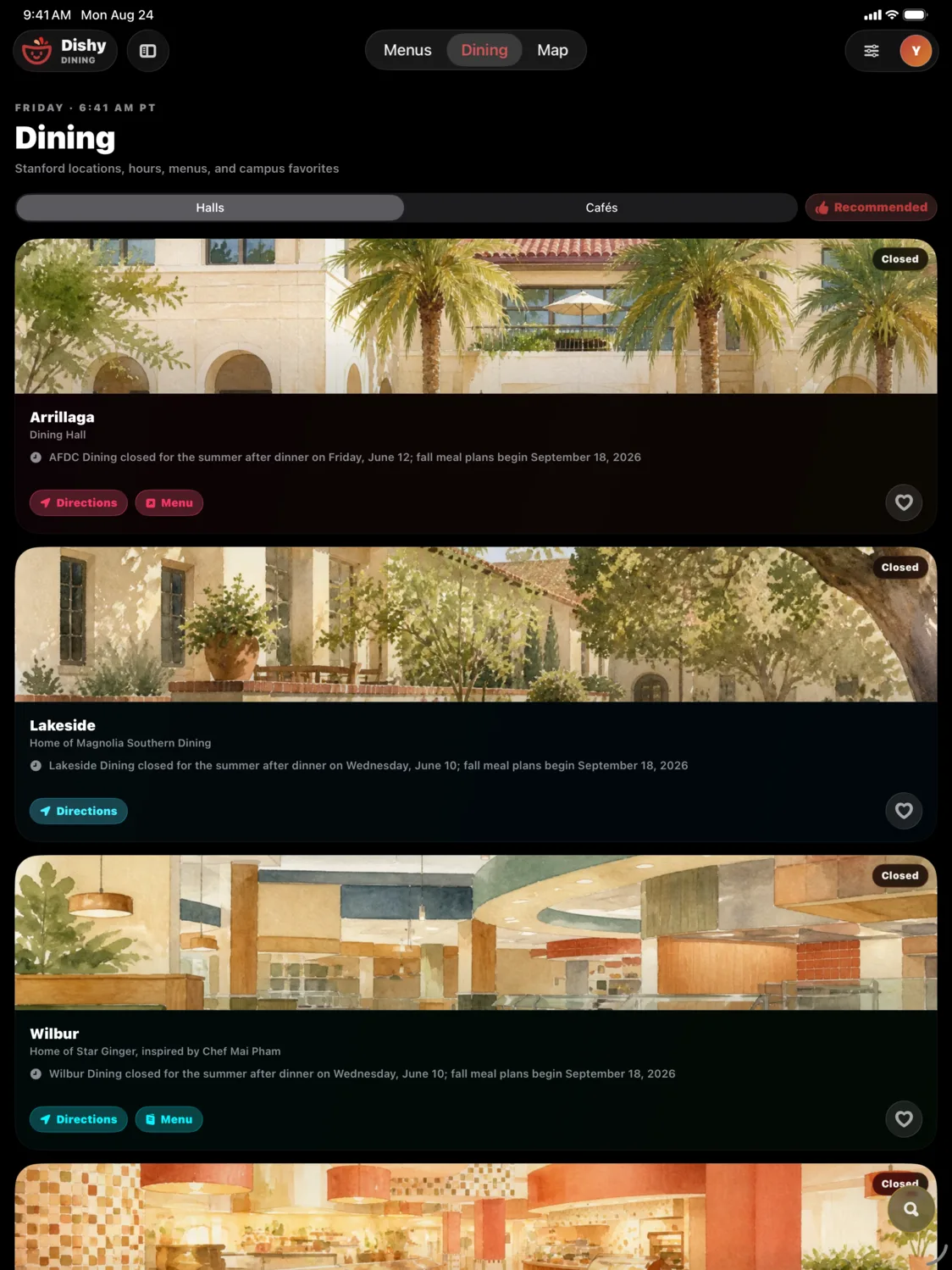 Dishy on iPad, with its own top tab bar